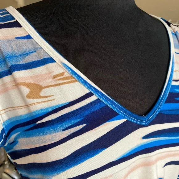 NWT: WHBM Striped Blue and White V-Neck Dress with tie belt and flutter sleeves - Picture 3 of 16